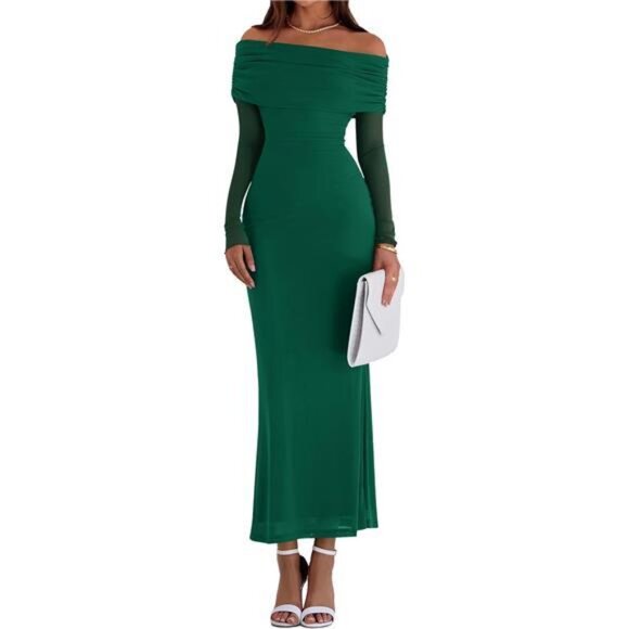 Elegant Off The Shoulder Formal Maxi Dress Green - Picture 2 of 6